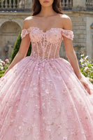 Load image into Gallery viewer, Pink Princess Sequin Corset Floral Long Off the Shoulder Quinceanera Dress