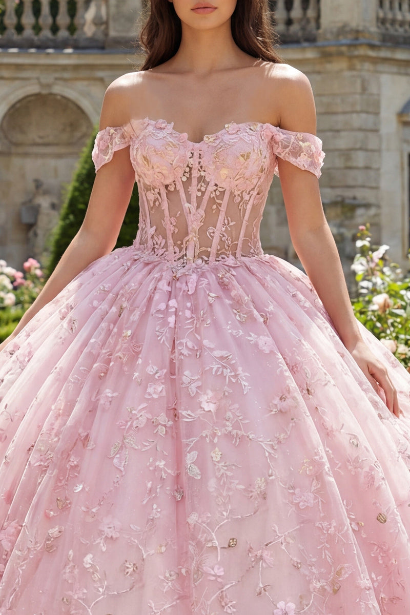 Load image into Gallery viewer, Pink Princess Sequin Corset Floral Long Off the Shoulder Quinceanera Dress