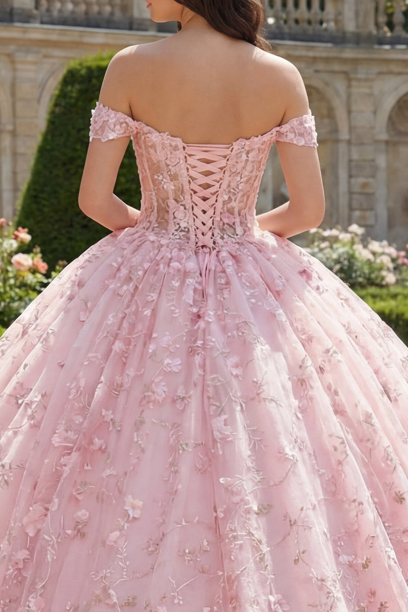 Load image into Gallery viewer, Pink Princess Sequin Corset Floral Long Off the Shoulder Quinceanera Dress