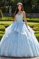 Load image into Gallery viewer, Sparkly Sky Blue Beaded Floral Princess Long Corset Quinceanera Dress with Ruffles