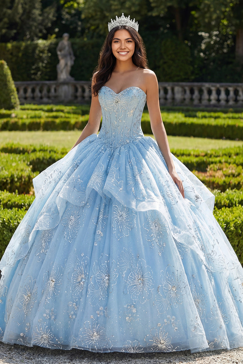 Load image into Gallery viewer, Sparkly Sky Blue Beaded Floral Princess Long Corset Quinceanera Dress with Ruffles