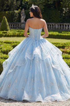 Sparkly Sky Blue Beaded Floral Princess Long Corset Quinceanera Dress with Ruffles