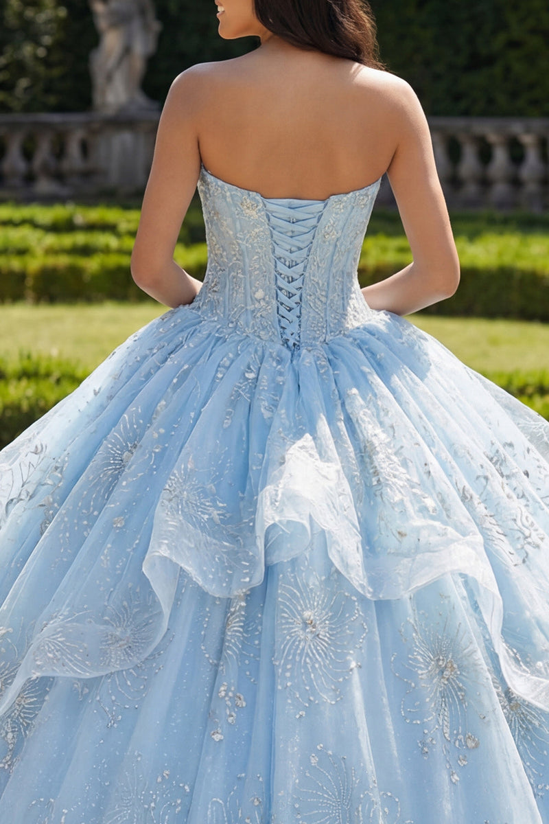Load image into Gallery viewer, Sparkly Sky Blue Beaded Floral Princess Long Corset Quinceanera Dress with Ruffles