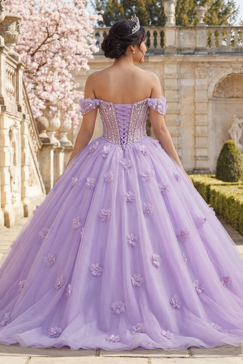 Load image into Gallery viewer, Lilac Floral Corset Long Off the Shoulder Princess Quinceanera Dress with Pearls