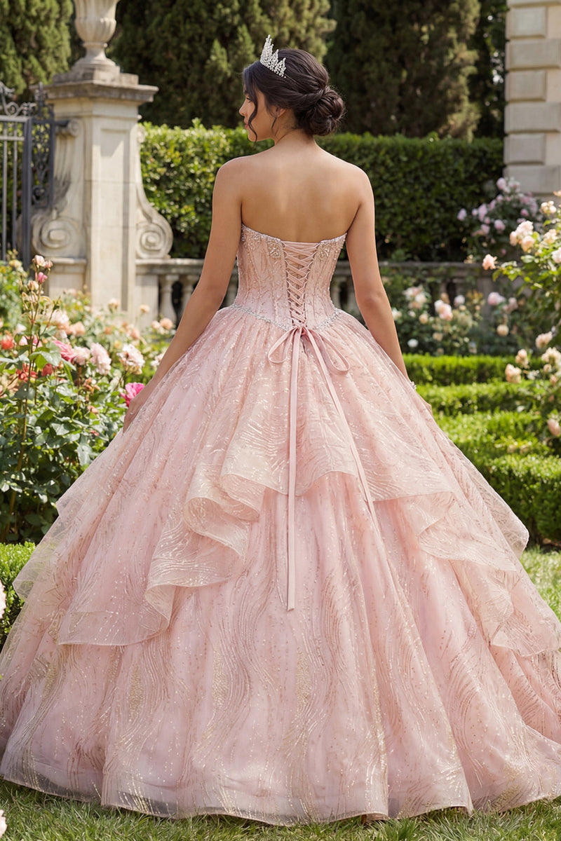 Load image into Gallery viewer, Sparkly Pink Princess Sequin Beaded Corset Long Quinceanera Dress with Ruffles