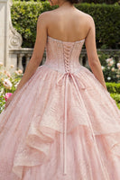 Load image into Gallery viewer, Sparkly Pink Princess Sequin Beaded Corset Long Quinceanera Dress with Ruffles