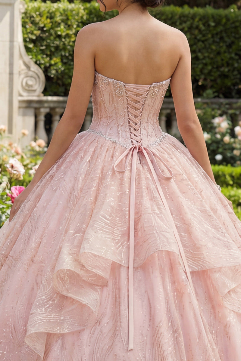 Load image into Gallery viewer, Sparkly Pink Princess Sequin Beaded Corset Long Quinceanera Dress with Ruffles