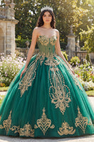 Load image into Gallery viewer, Sparkly Green Beaded Princess Strapless Corset Long Quinceanera Dress with Appliques