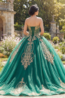Sparkly Green Beaded Princess Strapless Corset Long Quinceanera Dress with Appliques