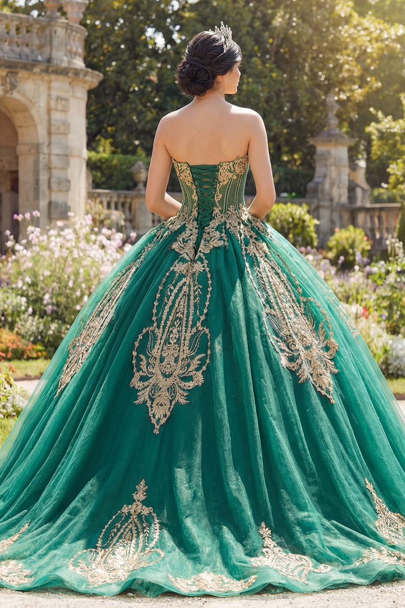 Load image into Gallery viewer, Sparkly Green Beaded Princess Strapless Corset Long Quinceanera Dress with Appliques