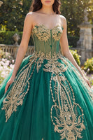 Load image into Gallery viewer, Sparkly Green Beaded Princess Strapless Corset Long Quinceanera Dress with Appliques