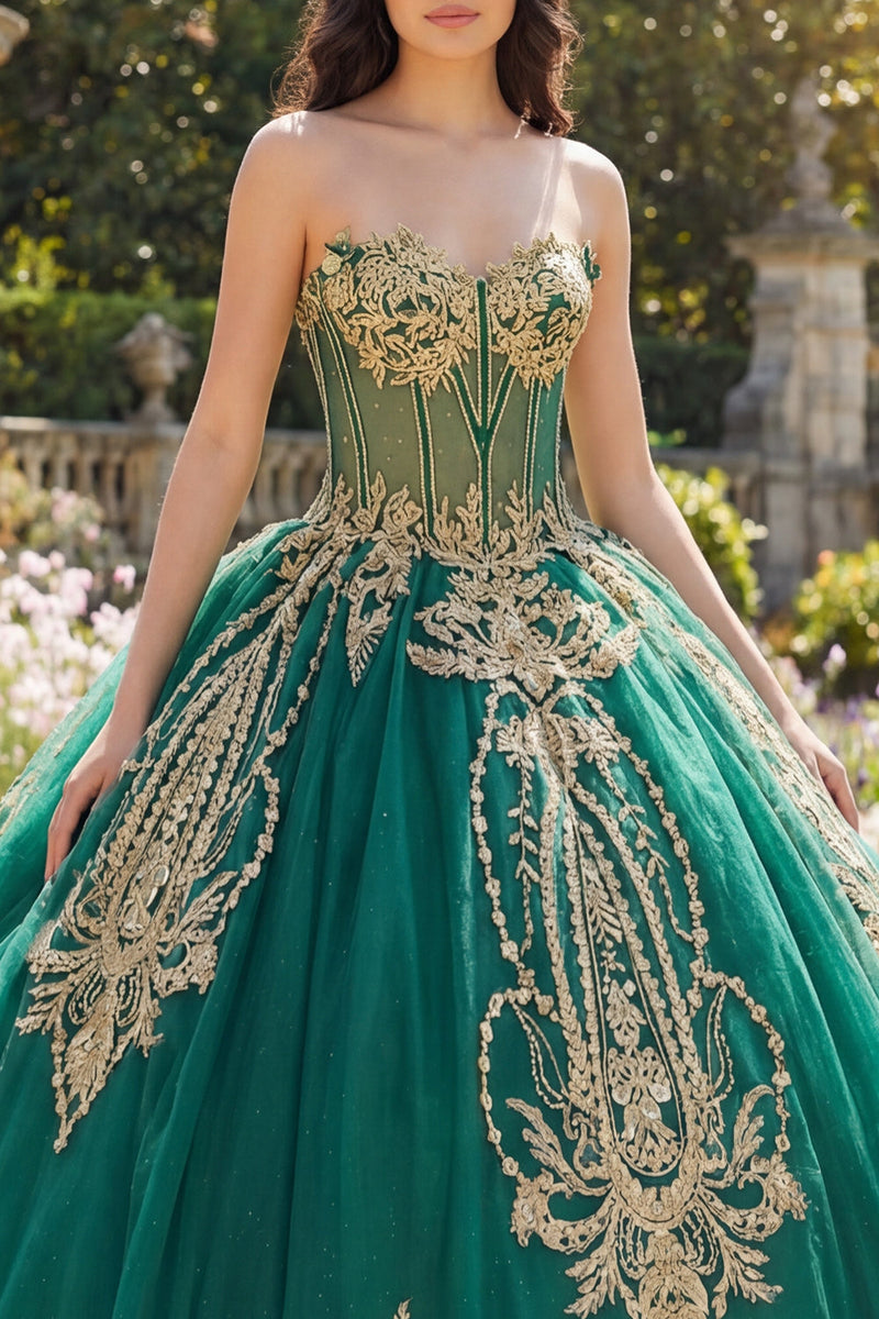 Load image into Gallery viewer, Sparkly Green Beaded Princess Strapless Corset Long Quinceanera Dress with Appliques