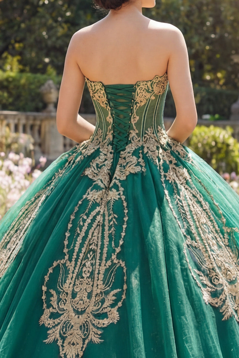 Load image into Gallery viewer, Sparkly Green Beaded Princess Strapless Corset Long Quinceanera Dress with Appliques