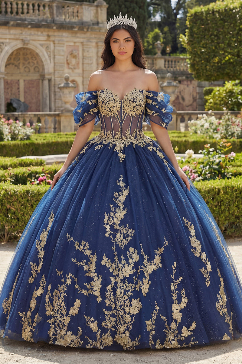 Load image into Gallery viewer, Appliqued Navy Glitter Floral Princess Long Corset Quinceanera Dress