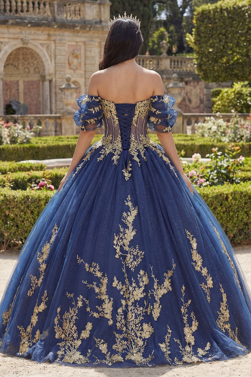 Load image into Gallery viewer, Appliqued Navy Glitter Floral Princess Long Corset Quinceanera Dress
