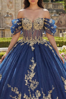 Load image into Gallery viewer, Appliqued Navy Glitter Floral Princess Long Corset Quinceanera Dress