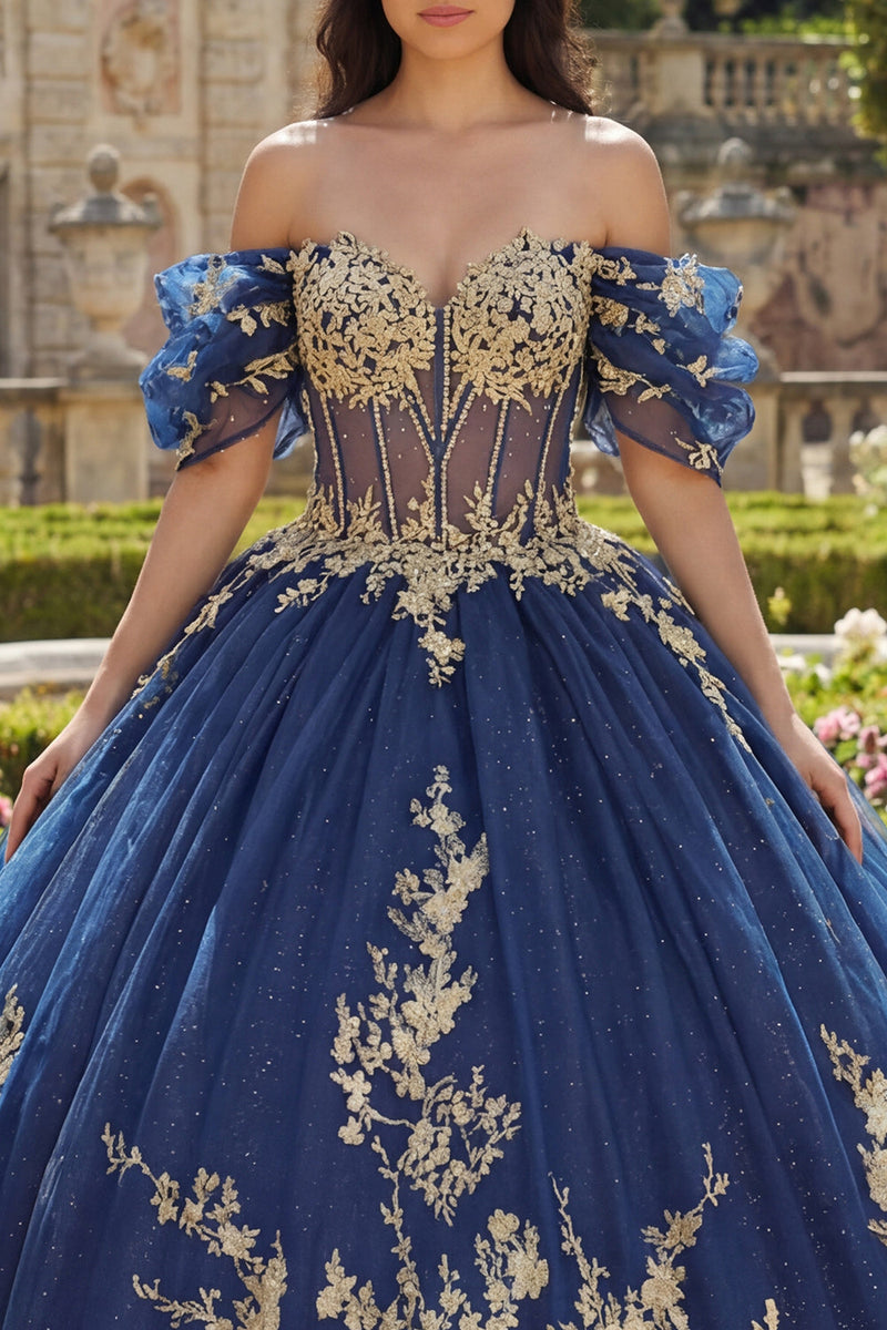 Load image into Gallery viewer, Appliqued Navy Glitter Floral Princess Long Corset Quinceanera Dress