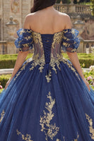 Load image into Gallery viewer, Appliqued Navy Glitter Floral Princess Long Corset Quinceanera Dress