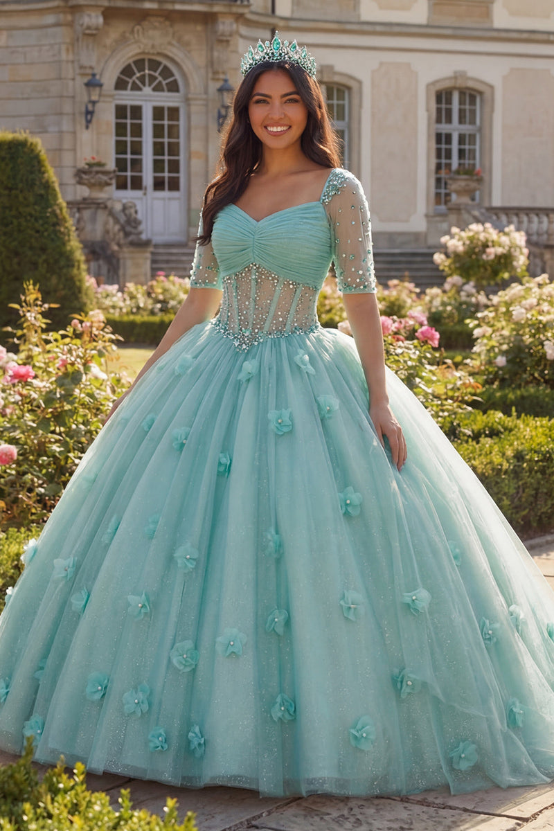 Load image into Gallery viewer, Sparkly Light Green Beaded Princess Floral Glitter Long Corset Quinceanera Dress