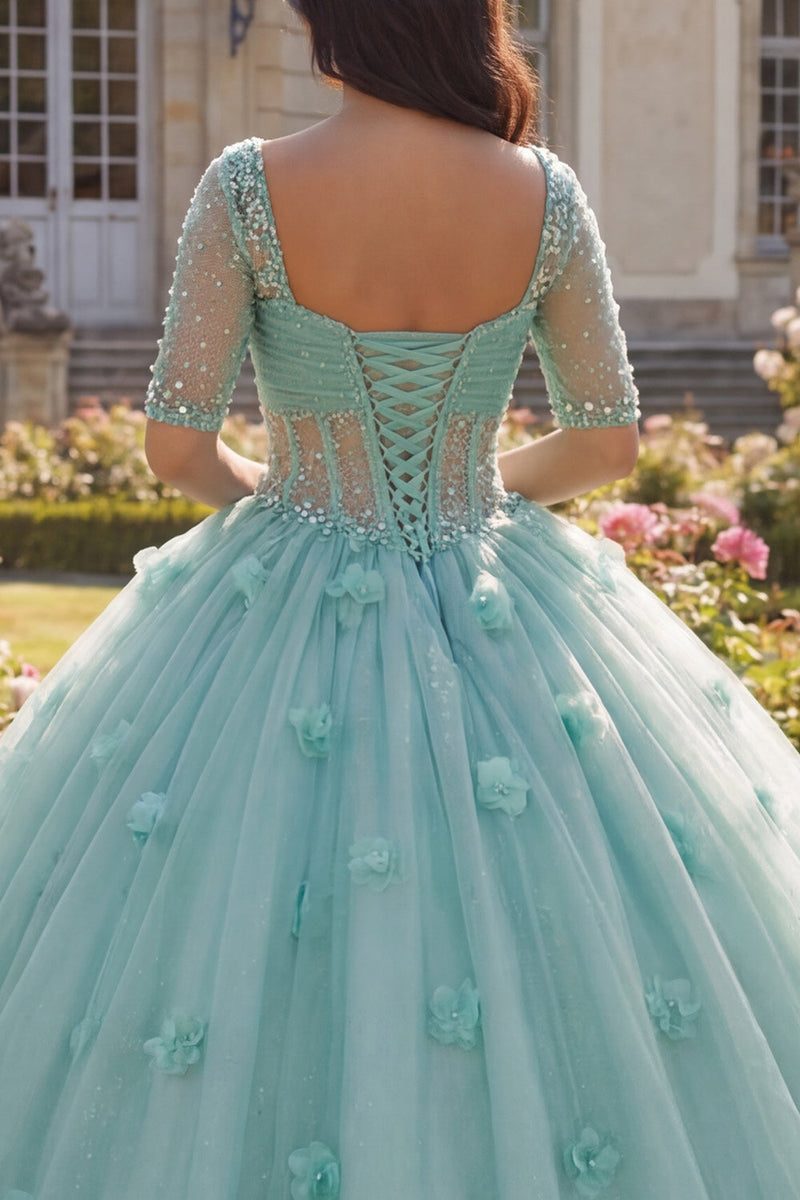Load image into Gallery viewer, Sparkly Light Green Beaded Princess Floral Glitter Long Corset Quinceanera Dress