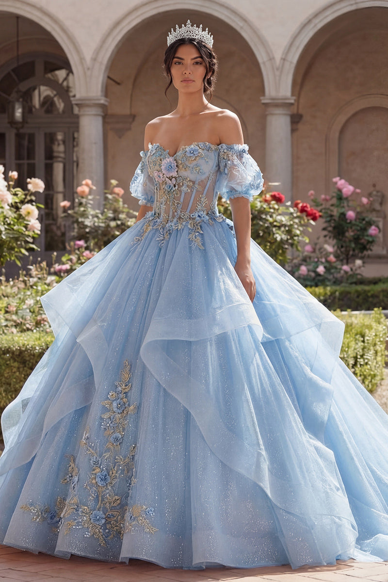 Load image into Gallery viewer, Glitter Sky Blue Princess Corset Floral Long Quinceanera Dress with Ruffles