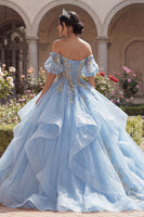 Load image into Gallery viewer, Glitter Sky Blue Princess Corset Floral Long Quinceanera Dress with Ruffles