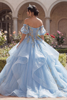 Glitter Sky Blue Princess Corset Floral Long Quinceanera Dress with Ruffles