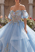 Load image into Gallery viewer, Glitter Sky Blue Princess Corset Floral Long Quinceanera Dress with Ruffles