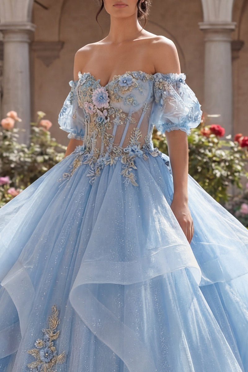 Load image into Gallery viewer, Glitter Sky Blue Princess Corset Floral Long Quinceanera Dress with Ruffles