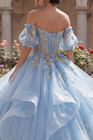 Load image into Gallery viewer, Glitter Sky Blue Princess Corset Floral Long Quinceanera Dress with Ruffles