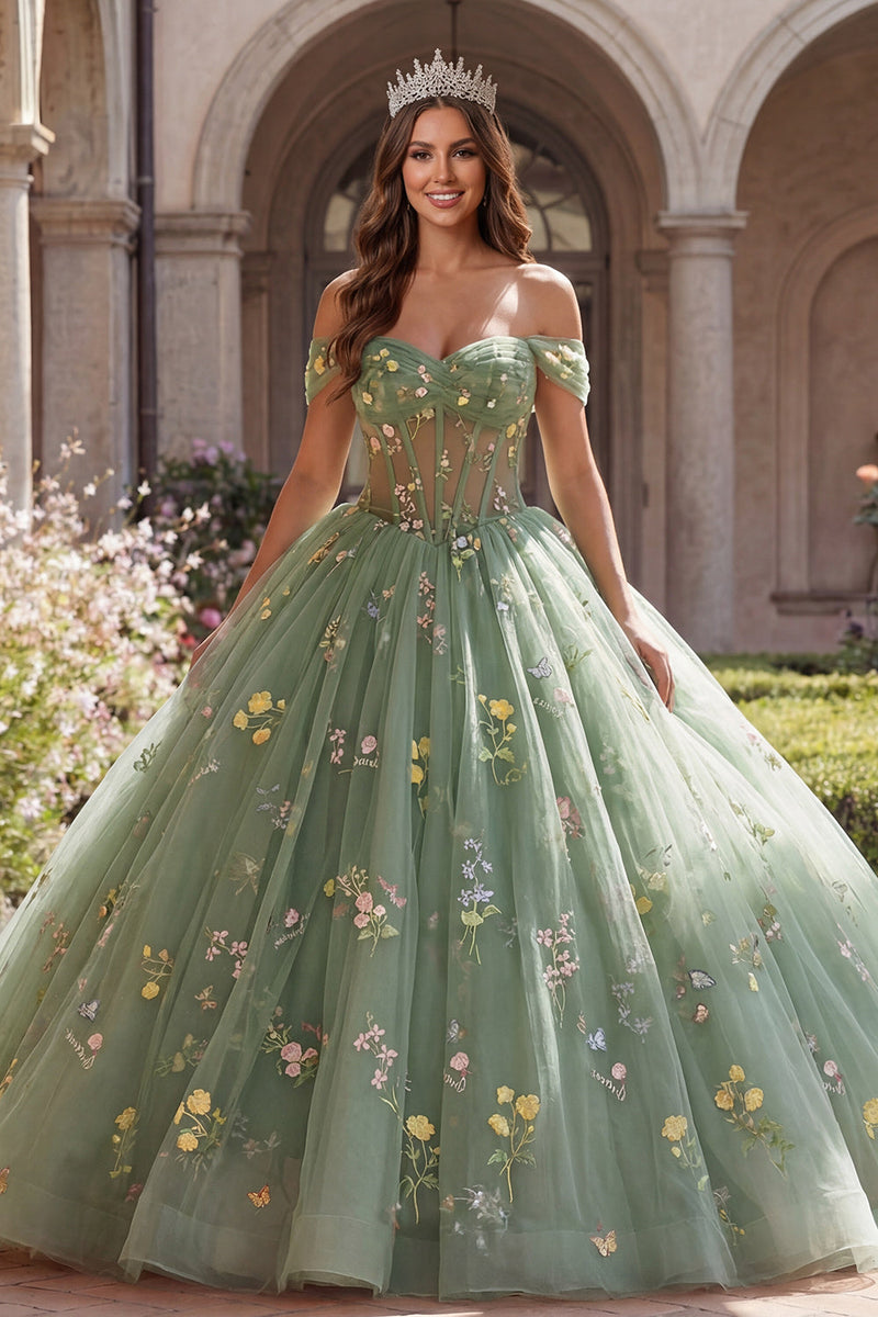 Load image into Gallery viewer, Dusty Sage Princess Floral Off the Shoulder Long Corset Quinceanera Dress