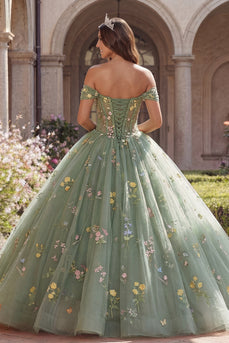 Dusty Sage Princess Floral Off the Shoulder Long Corset Quinceanera Dress