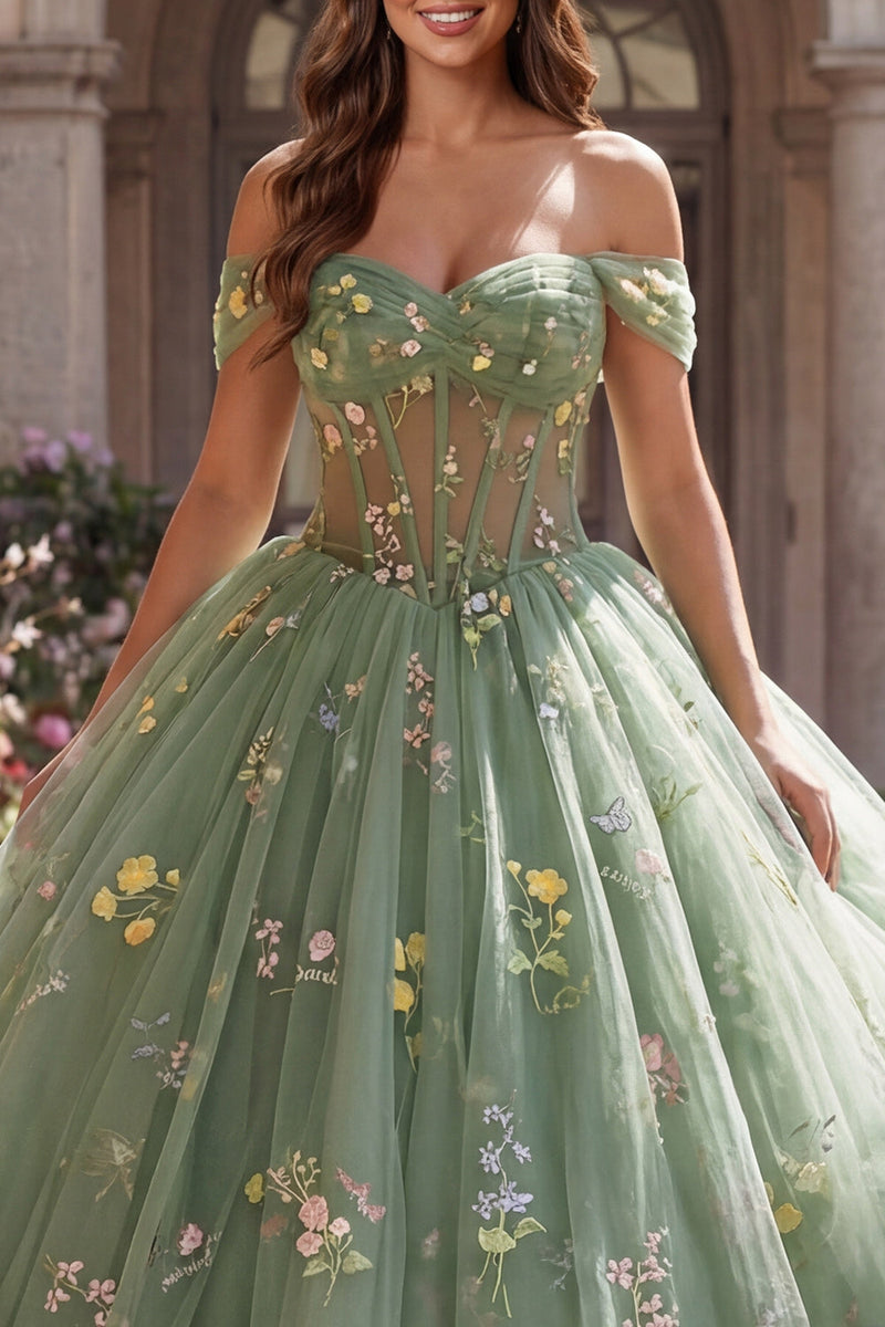 Load image into Gallery viewer, Dusty Sage Princess Floral Off the Shoulder Long Corset Quinceanera Dress