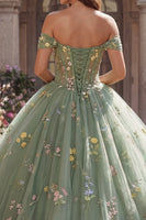 Load image into Gallery viewer, Dusty Sage Princess Floral Off the Shoulder Long Corset Quinceanera Dress