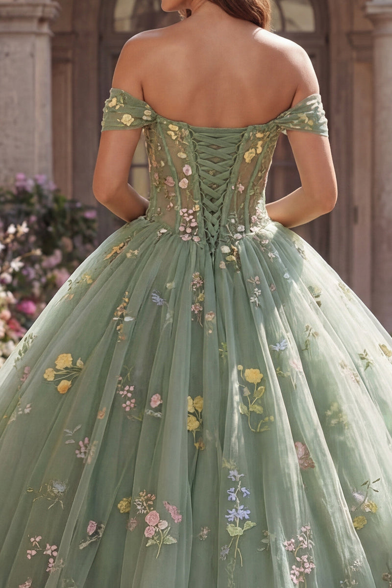 Load image into Gallery viewer, Dusty Sage Princess Floral Off the Shoulder Long Corset Quinceanera Dress