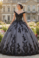 Load image into Gallery viewer, Black Beaded Floral Long Princess Quinceanera Dress with Lace