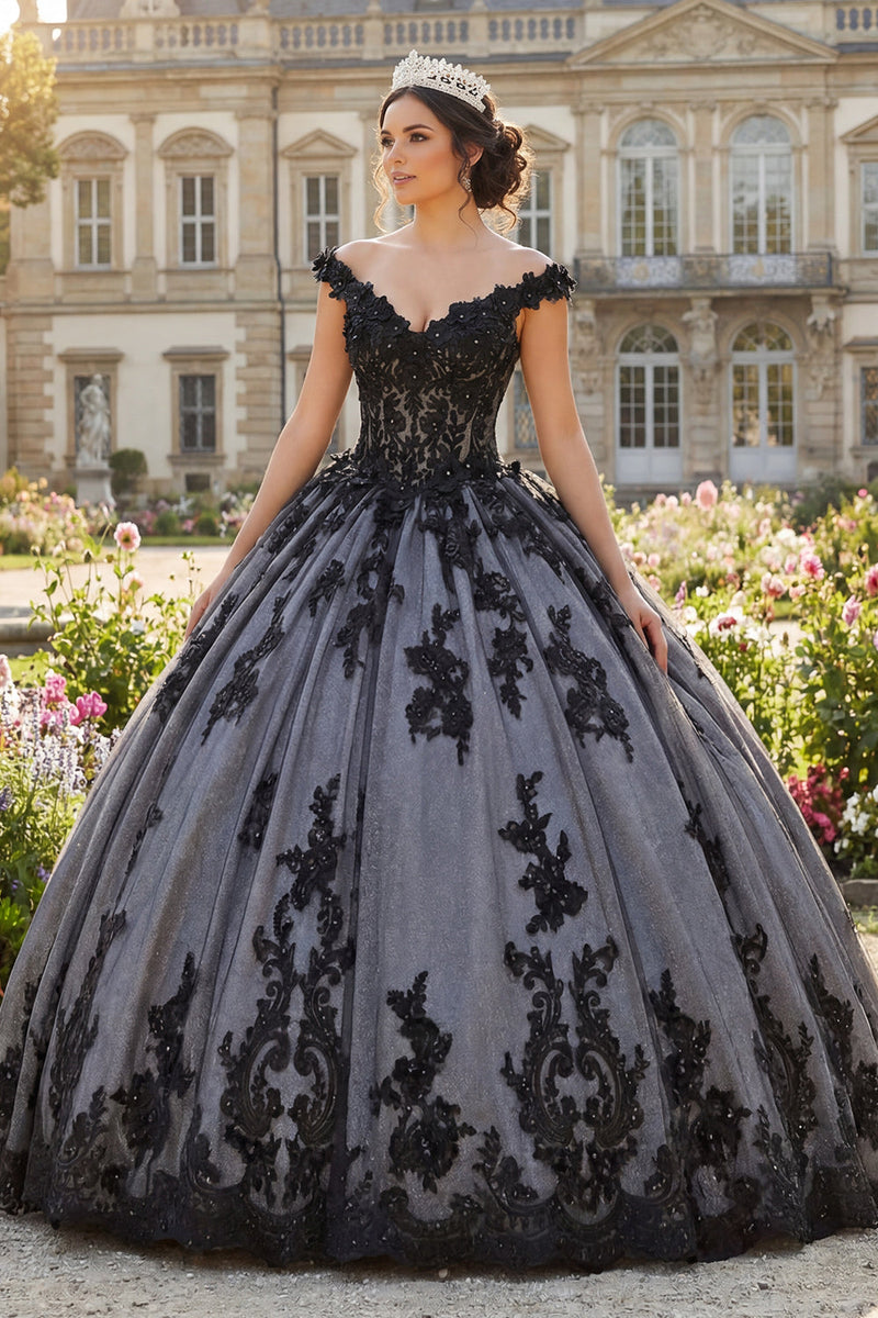Load image into Gallery viewer, Black Beaded Floral Long Princess Quinceanera Dress with Lace