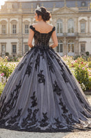 Load image into Gallery viewer, Black Beaded Floral Long Princess Quinceanera Dress with Lace