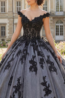Load image into Gallery viewer, Black Beaded Floral Long Princess Quinceanera Dress with Lace