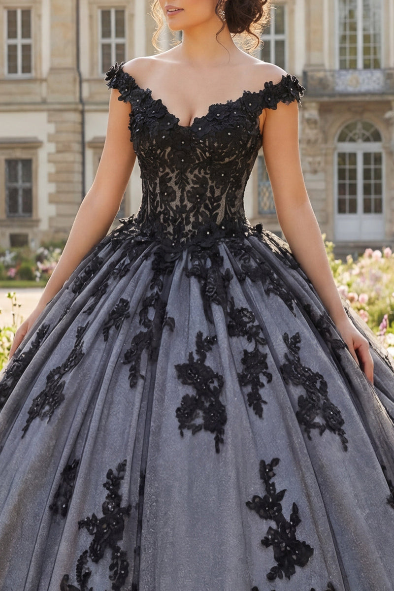 Load image into Gallery viewer, Black Beaded Floral Long Princess Quinceanera Dress with Lace