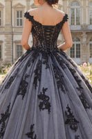 Load image into Gallery viewer, Black Beaded Floral Long Princess Quinceanera Dress with Lace