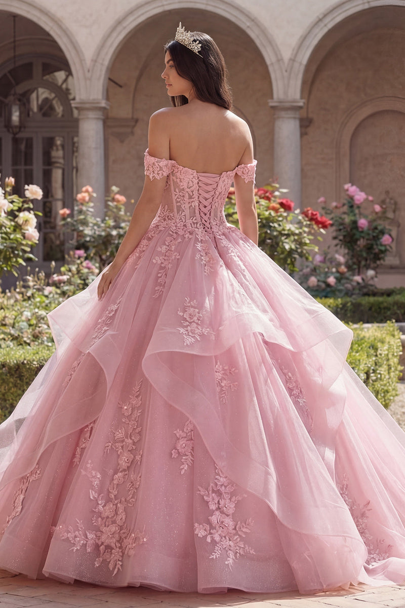 Load image into Gallery viewer, Pink Princess Glitter Floral Long Corset Quinceanera Dress with Ruffles