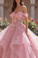 Load image into Gallery viewer, Pink Princess Glitter Floral Long Corset Quinceanera Dress with Ruffles