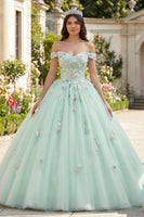 Load image into Gallery viewer, Off the Shoulder Light Green Floral Princess Long Quinceanera Dress with Lace