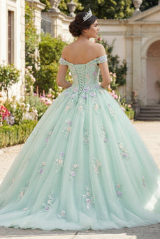 Off the Shoulder Light Green Floral Princess Long Quinceanera Dress with Lace
