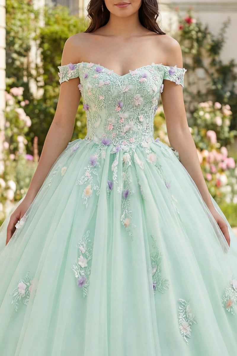Load image into Gallery viewer, Off the Shoulder Light Green Floral Princess Long Quinceanera Dress with Lace