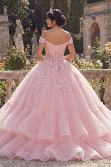 Pink Glitter Princess Floral Corset Long Quinceanera Dress with Ruffles
