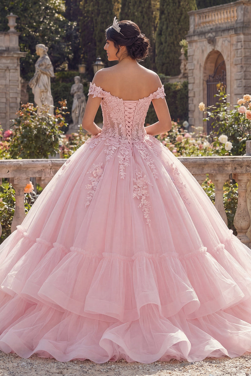 Load image into Gallery viewer, Pink Glitter Princess Floral Corset Long Quinceanera Dress with Ruffles