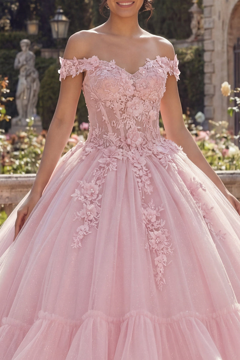 Load image into Gallery viewer, Pink Glitter Princess Floral Corset Long Quinceanera Dress with Ruffles