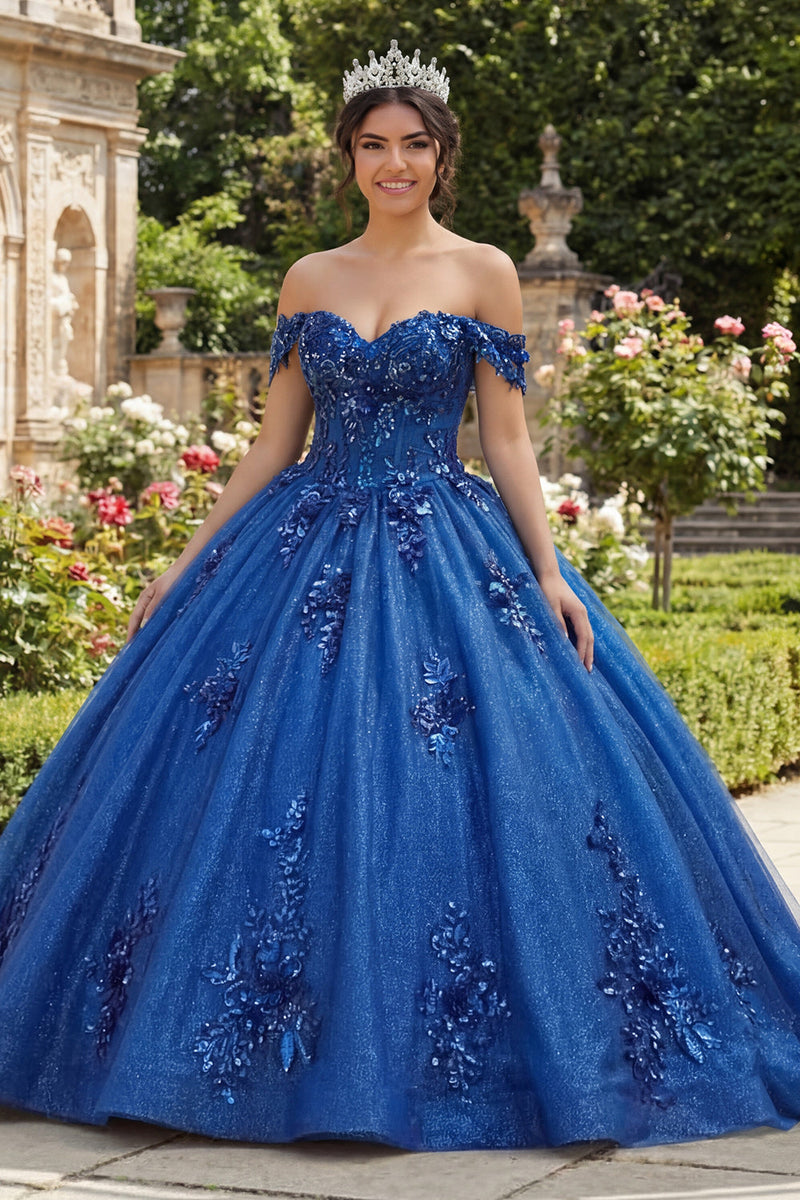 Load image into Gallery viewer, Sparkly Royal Blue Beaded Princess Glitter Floral Long Corset Quinceanera Dress